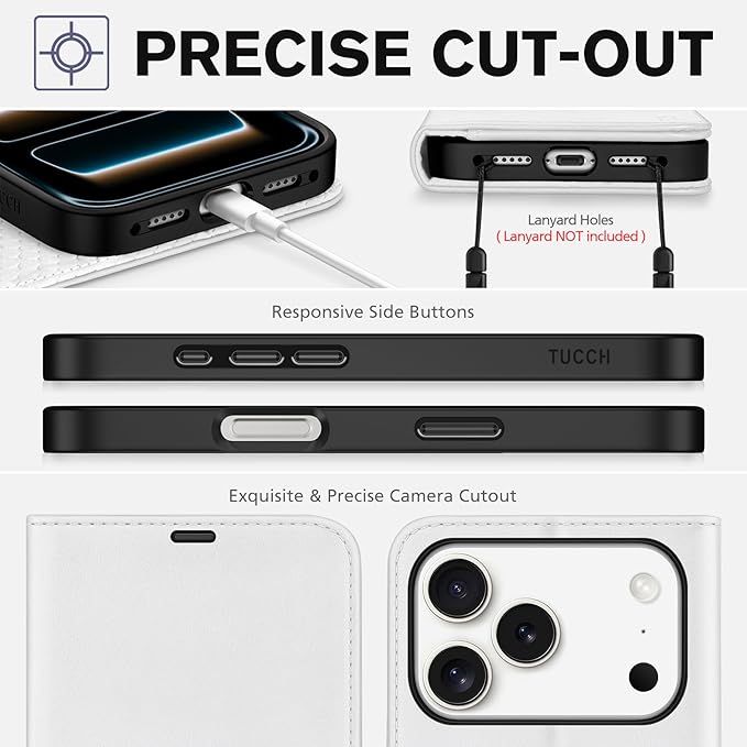 TUCCH Wallet Case for iPhone 17 Pro (6.3") 2025, RFID Blocking 4 Card Holders | Kickstand | Shockproof TPU Shell | PU Leather | Magnetic Closure | Protective Flip Folio Cover | White