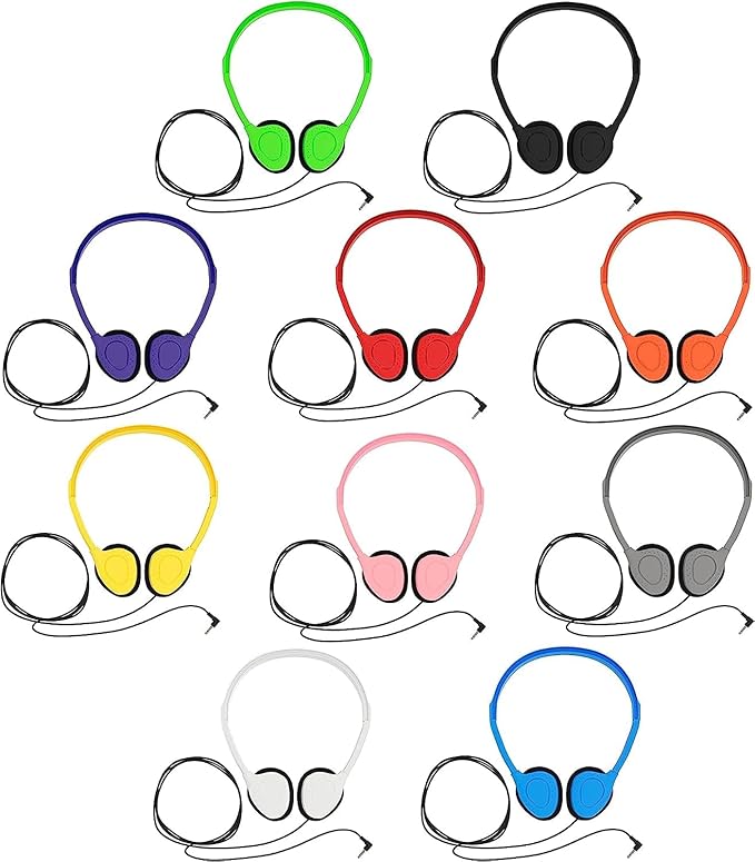 Maeline Bulk Classroom Student Headphones On Ear Stereo Headphones Flexible Adjustable Band for Kids Online Learning, Library, School, Airplane, Travel - 3.5mm Plug - 100 Pack - Multi