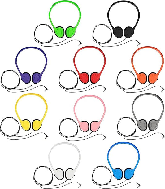 Maeline Bulk Classroom Headphones for Students, 10 Pack On-Ear Wired Headsets, Adjustable, Lightweight, 3.5mm Plug, School Testing, Library, Travel, Labs – Multi Color