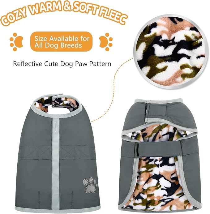 Queenmore Dog Winter Coat, Cold Weather Fleece Jacket for Dogs, Waterproof Reflective Reversible, for Small, Medium and Large Dogs (Grey, XL)