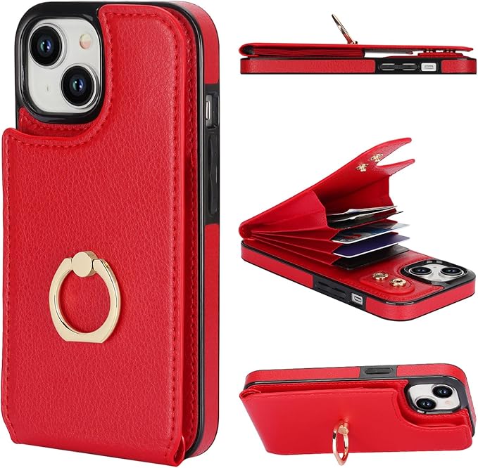Folosu Compatible with iPhone 15 Case Wallet with Card Holder, 360°Rotation Finger Ring Holder Kickstand, RFID Blocking Leather Protective Double Buttons Shockproof Cover 6.1 Inch Red