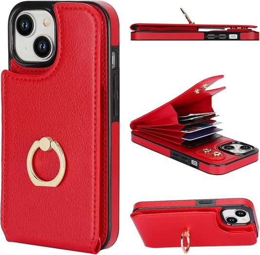 Folosu Compatible with iPhone 15 Case Wallet with Card Holder, 360°Rotation Finger Ring Holder Kickstand, RFID Blocking Leather Protective Double Buttons Shockproof Cover 6.1 Inch Red
