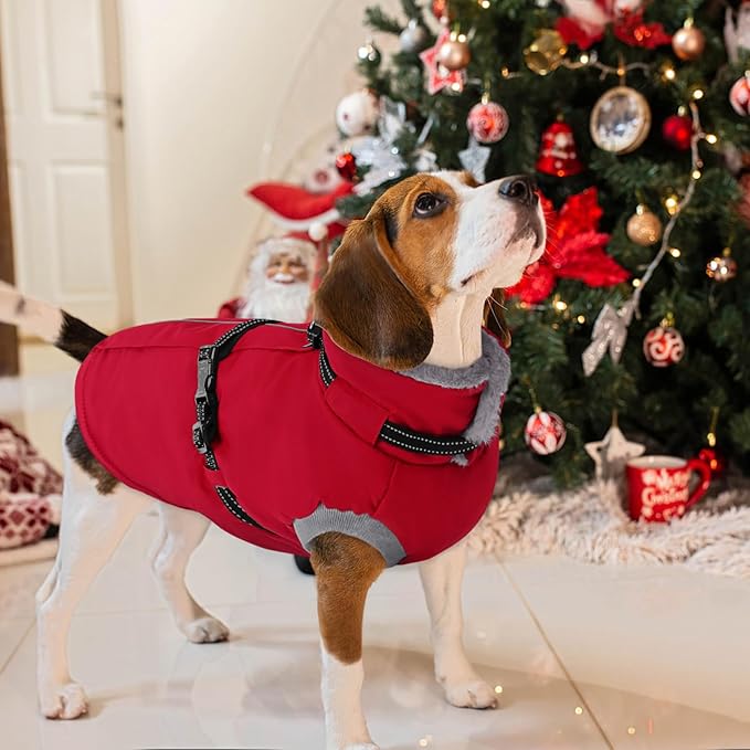 AOFITEE Dog Coat, Warm Dog Winter Coat with Harness Built in, Waterproof Pet Snow Jacket with Zipper on Back, Fleece Pet Sweater Outdoor Puffer Jacket Snowsuit for Extra Large Dogs, Christmas Red XXL