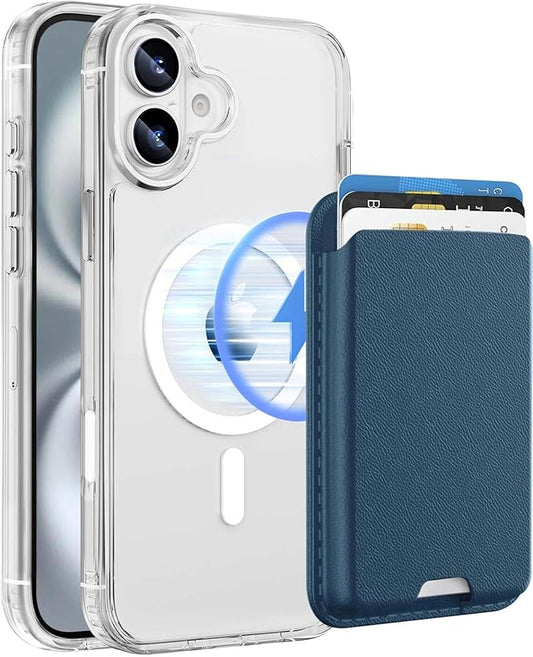 Ntwinro Magnetic for iPhone 16 Clear Case (Compatible with MagSafe) with Blue Detachable Wallet & Card Holder for 3 Cards [RFID Blocking] Military Grade Protective Slim Phone Cover