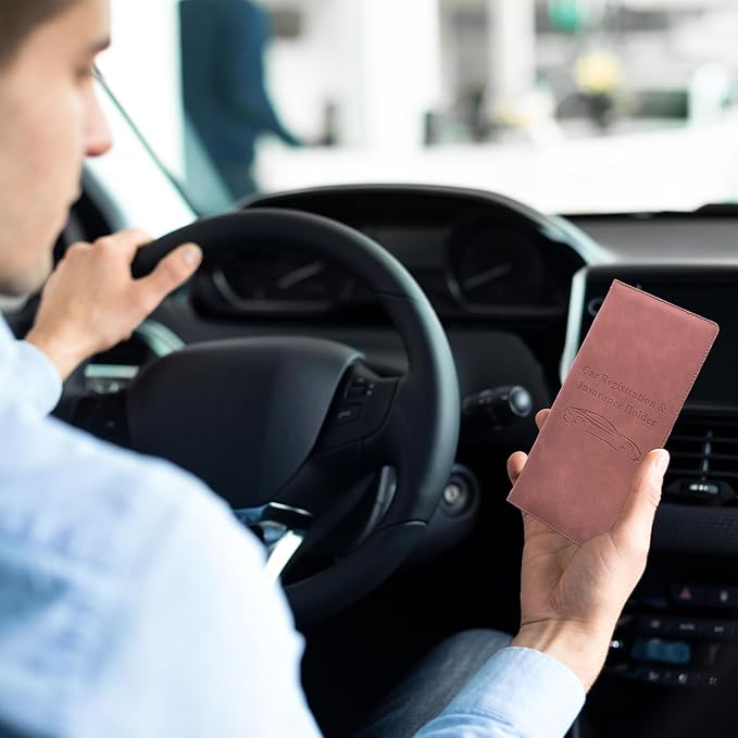Car Registration and Insurance Card Holder - Vehicle Glove Box Document Organizer - Premium PU Leather Wallet Case - Driver License - Pink