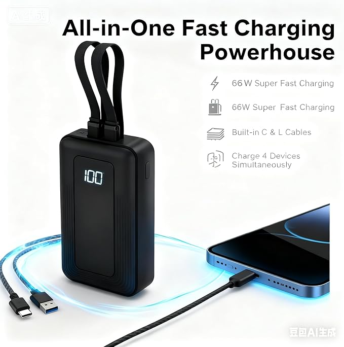 Portable Charger 10000mAh Power Bank with 4-Port Fast Charging, Built-in Type-C & Lightning High-Speed Cables, LED Display for iPhone 16/15/14/13 Pro Max & for Samsung S25/S24.