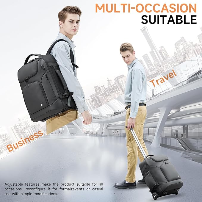 Backpack for Men,17.3" Anti Theft Convertible Laptop Backpack with Wheels,50L Rfid Personal Item Wheeled Backpack for Travel Business Work, Black