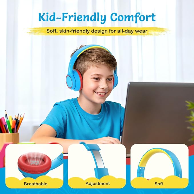 Kids Bluetooth Headphones with Active Noise Cancelling, Wireless Over-Ear Headphones for Boys Girls, Foldable, Adjustable,for School Trave (Blue red)