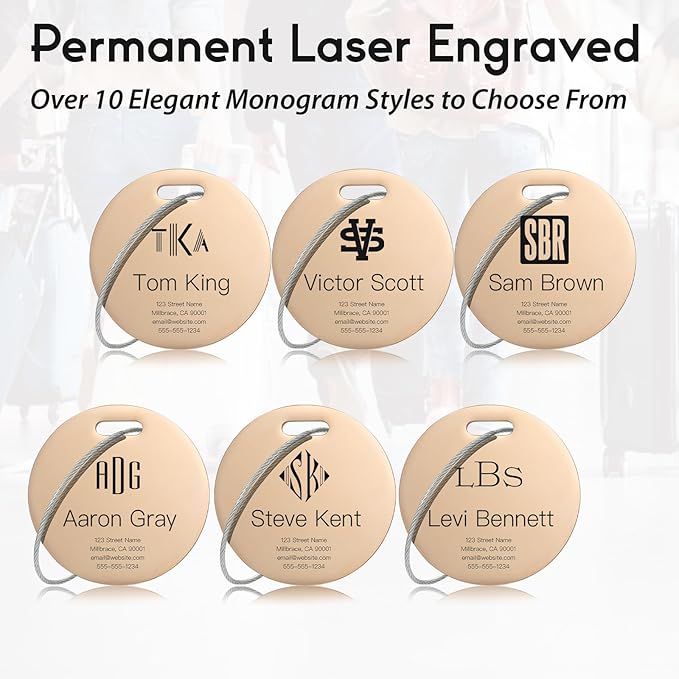 Personalized Luggage Tags for Suitcases - Stainless Steel Custom Luggage Tags for Backpacks & Bags, Sturdy, Waterproof & Heavy Duty (Rose Gold/Round)