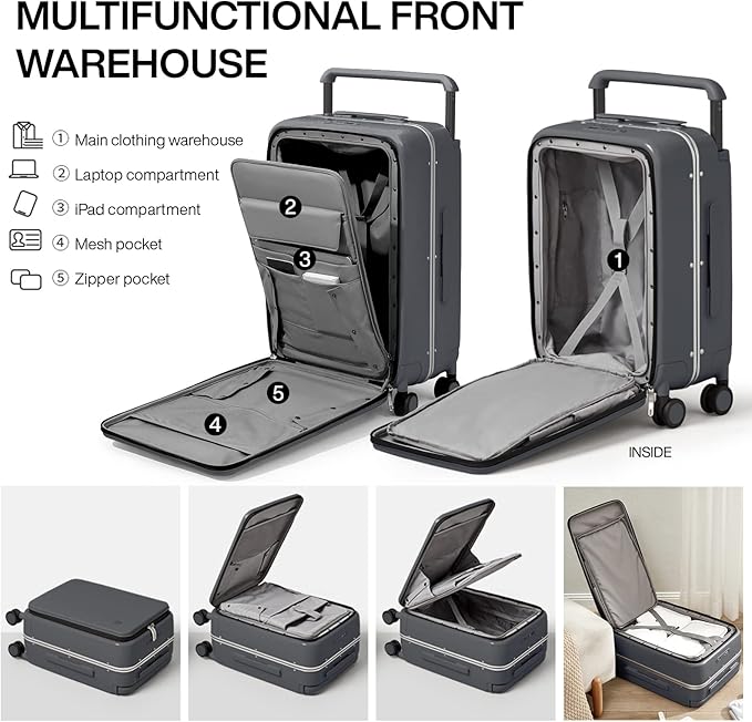 mixi Luggage Suitcases with Spinner Wheels 24'' Travel Luggage with Front Laptop Pocket, Wide Handle PC Hardshell Suitcase with TSA Lock, Checked Luggage(Rock Grey)