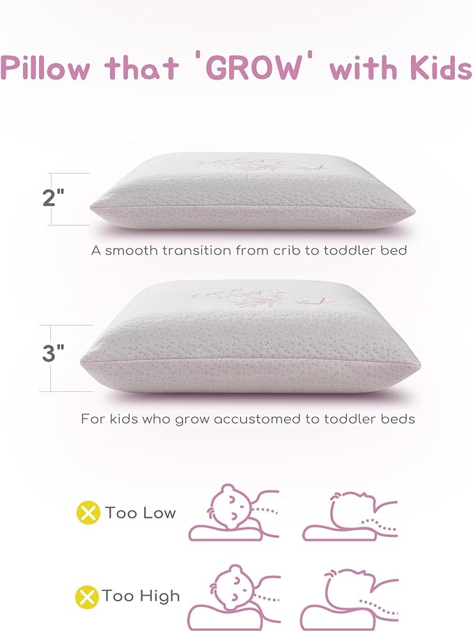 Toddler Pillow, Adjustable Memory Foam Small Pillow for Toddler 2 Years & Above, 13” x 18” Mini Size for Kid Sleeping, Napping or Traveling, Washable No Zipper Pillowcase, Pink