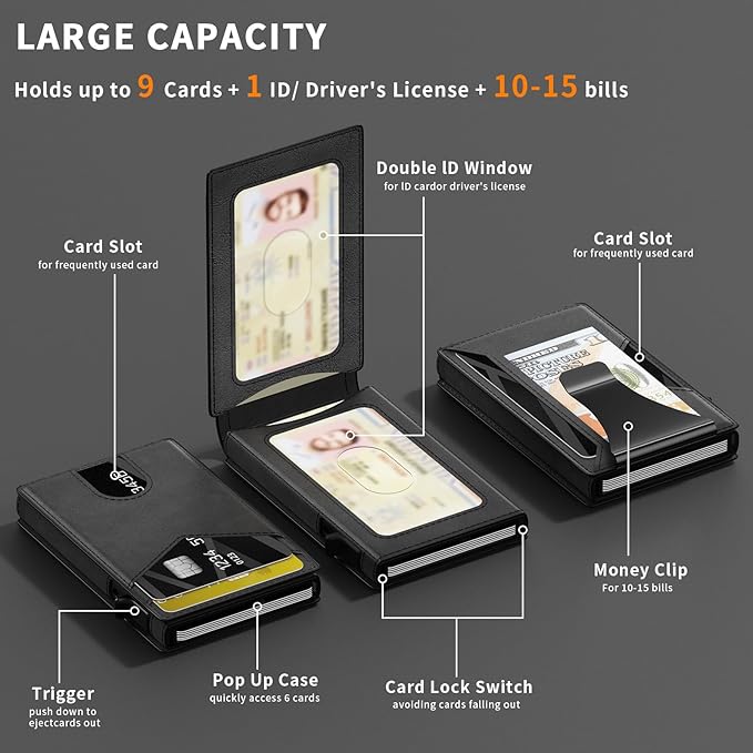 KISUEDZP Wallet for Men Slim RFID Blocking-Metal Smart Pop-Up Credit Card Holder with 2 ID Windows, Holds 8-10 Cards,Bifold Minimalist Front Pocket Wallet & Money Clip,Men's accessories (Black)