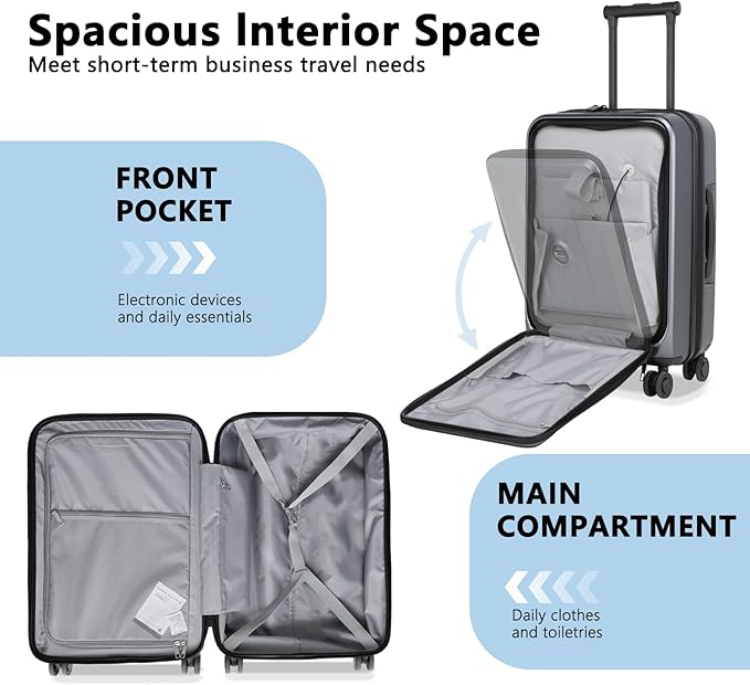 Luggage Sets 2 Piece, Carry On Luggage with Front Pocket & USB Port and 28 Inch Expandable Checked Luggage with Top Opening, Durable PC Hardside Suitcases with Spinner Wheels & TSA Lock, Gray (20/28)