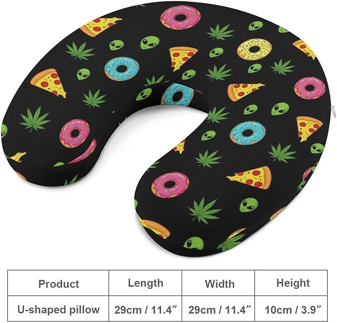 Travel Neck Pillow Memory Foam U Shaped Cushion Alien Donut Pot Leaf Weedleaf Pizza Black, Washable Cover for Airplane Car Office Home Sleeping Pain Relief