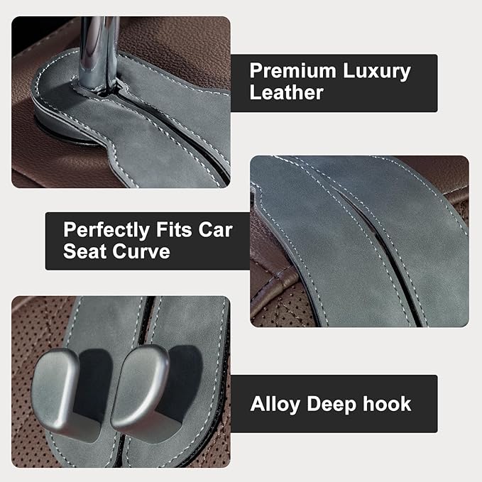 CoBak Headrest Hooks for Car - Universal Premium Stitched Leather and Aluminum-Magnesium Alloy Double Car Seat Back Storage Hook for Purses, Handbags, Bags (2 Pack),Gray