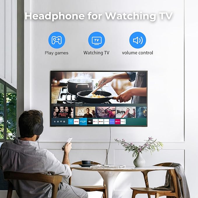 Long Cord Tv Headphones for Seniors with Volume Control Wired Over The Ear Headphone Corded Extra Long Cord Length Universal 3.5mm AUX Audio(19FT)