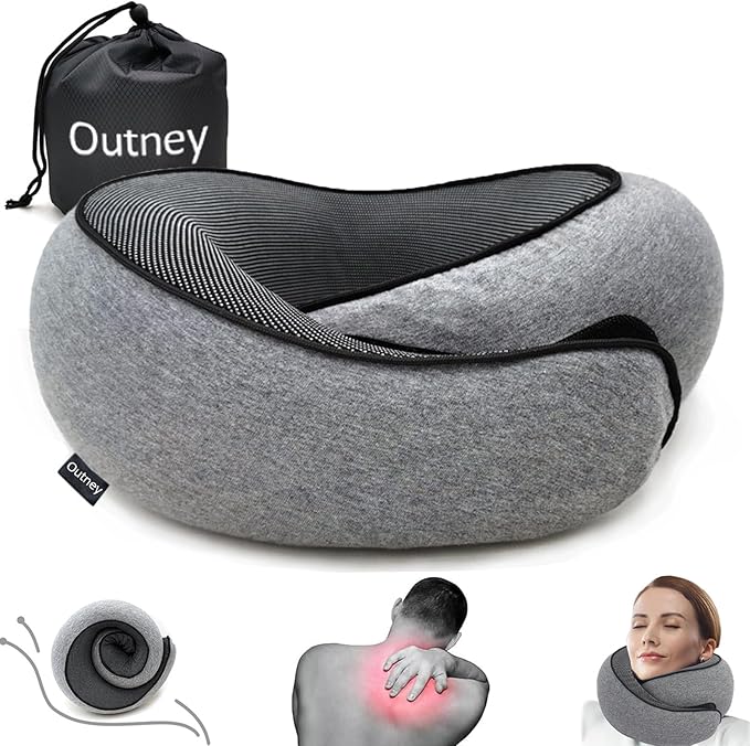 Outney™ Travel Pillow for Airplanes 2025 Veritable Chin Support Travel Neck Pillow 100% Pure Memory Foam Full Neck Surround Pillows for Traveling Flight Sleeping Portable Travel Essentials (Grey)