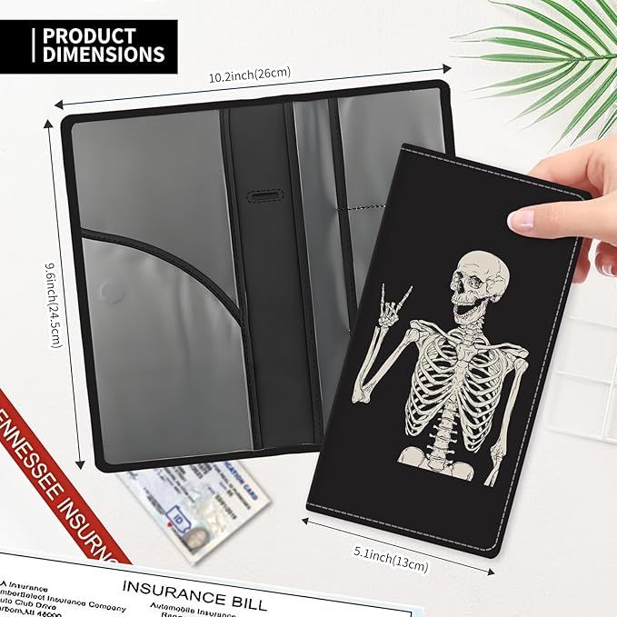 Leather Car Registration and Insurance Card Holder, Cute Car Accessories Vehicle Glove Box Car Organizer for Documents, Cards, License Funny Skull Pattern