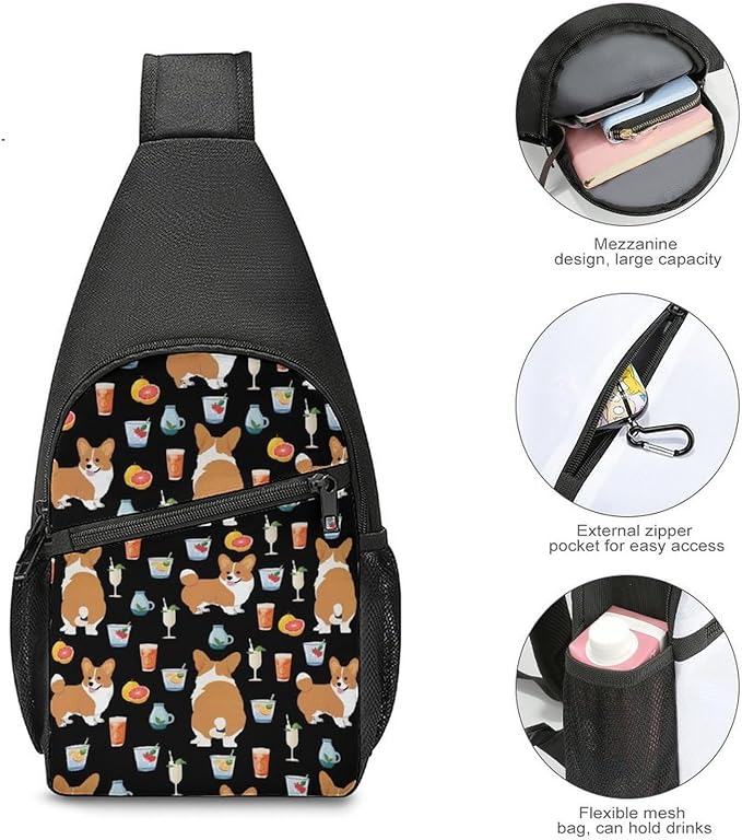 SWEET TANG Cute Sling Shoulder Backpacks Shiba Inu Black Print Dog And Beverage Bags Chest Sack, Anti Theft Crossbody Rucksack for Hiking Traveling Sports, Multipurpose Daypacks for Men Women