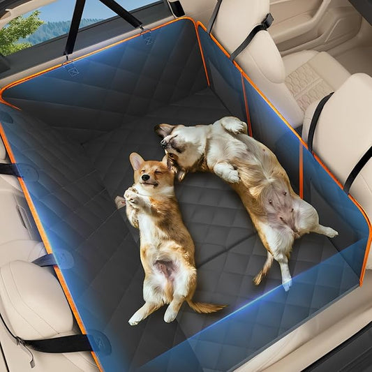 Back Seat Extender for Dogs-Mesh Window, Dog Car Seat Cover for Back Seat, 400lbs Capacity Hard Bottom, Waterproof Dog Hammock for Mid-Size Cars, SUVs, Black/Orange(52‘x24.8’)