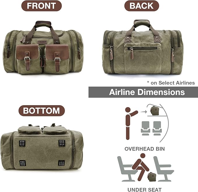 Wildroad 50L Travel Duffel Bag, Expandable Canvas Genuine Leather Duffle Bag Upgraded Overnight Weekender Carry on Bag