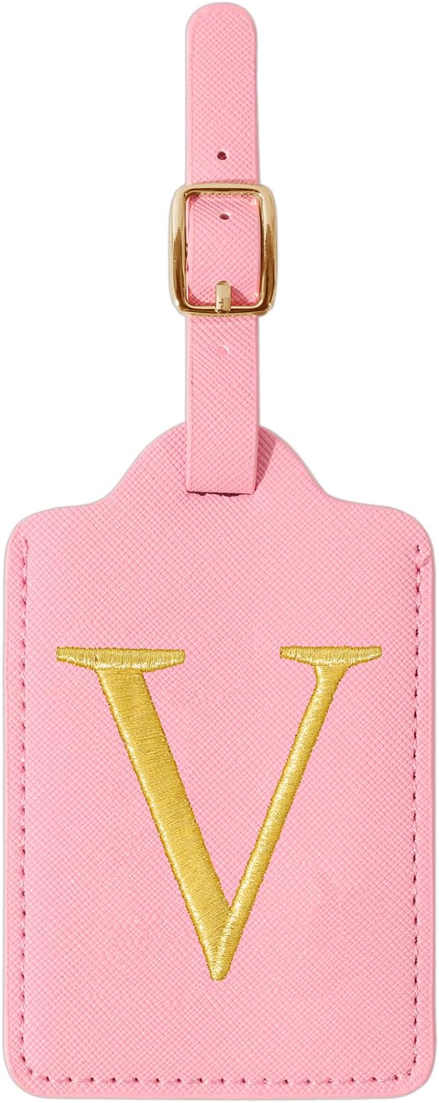 Personalized Initial Luggage Tags for Suitcase, Pink Leather Cute Luggage Tags with Privacy Cover Name Card, Embroidered Custom Monogrammed Luggage Tag Travel Bag Baggage Tags Gifts for Women Kids(V)