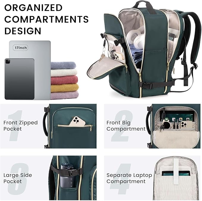 LOVEVOOK 40L Large Travel Backpack for Women Men, 17 Inch Carry on Backpack for Traveling on Airplane, Personal Item Travel Bag Airline Approved, Business Causal Weekender Backpack, Green-Black