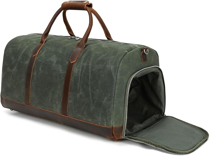 Waxed Canvas Weekender Duffle Bag, Vintage Style Travel Bag with Leather Trim, Army Green (Forest Green)