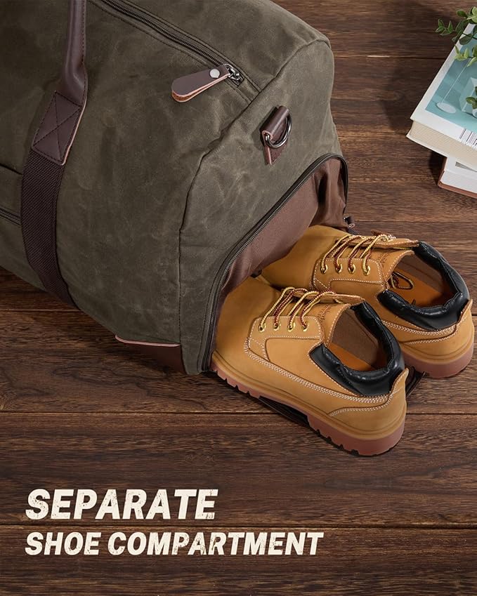 Gonex Waxed Canvas Duffle Bag for Travel, Water-resistant Vintage 55L Duffel Weekender with Shoes Compartment & Luggage Tag, Heavy-duty Overnight Bag with Suitcase Handle Sleeve for Men, Army Green