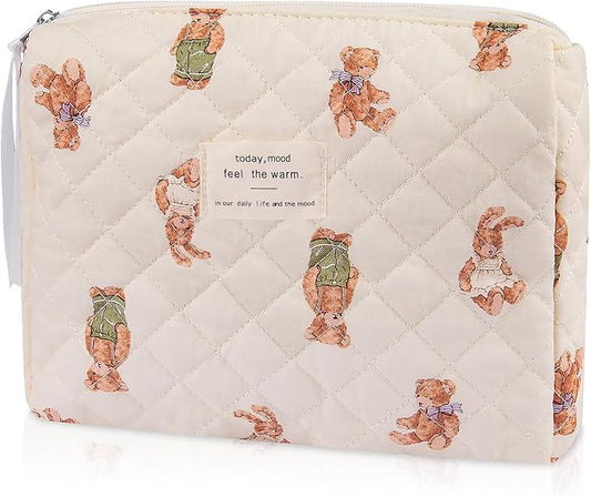Floral Makeup Bag, Small Cosmetic Bag for Women Girls, Cute Cotton Makeup Bag, Quilted Makeup Bags, Flower Travel Toiletry Organizer Bag (White Bear)