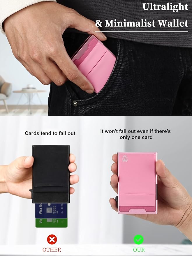 Slim Front Pocket Wallet,Pop Up Card Holder Wallets for Men and Women Aluminum Compact Wallets with RFID Blocking,Small Ultralight 6-12 Card Capacity Metal Wallets,Pink