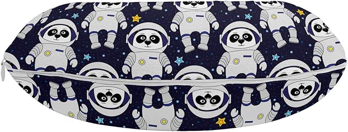 Ambesonne Space Travel Pillow Neck Rest, Cartoon Illustrated Repeating Panda Astronaut Characters Night Sky Stars, Memory Foam Traveling Accessory for Airplane and Car, 12", Indigo White