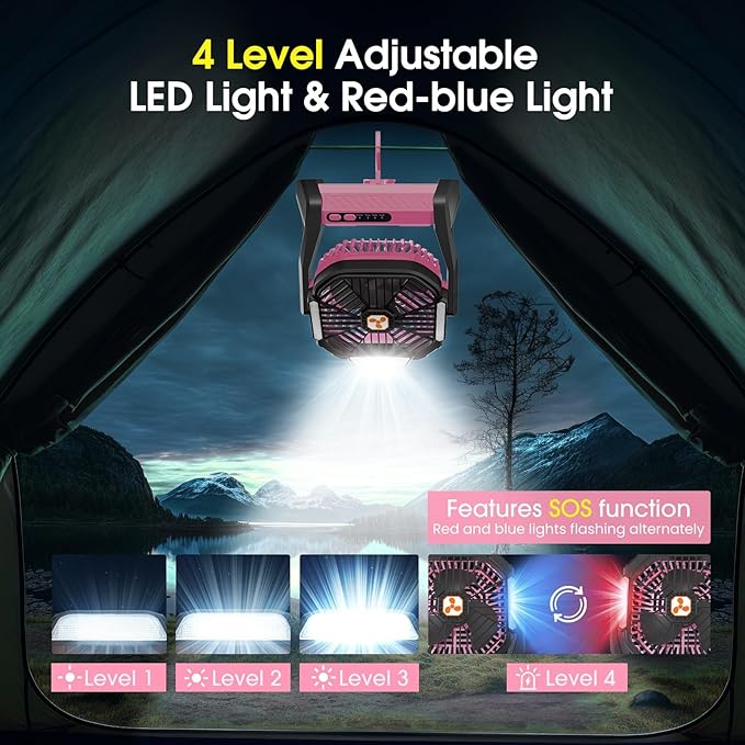 Portable Rechargeable Fan, 20000mAh Cordless Battery Powered Camping Tent Fans with SOS & LED Lantern, Small USB C Operated Outdoor Ventiladores for Travel Camp Fishing Office Home Essentials (Pink)