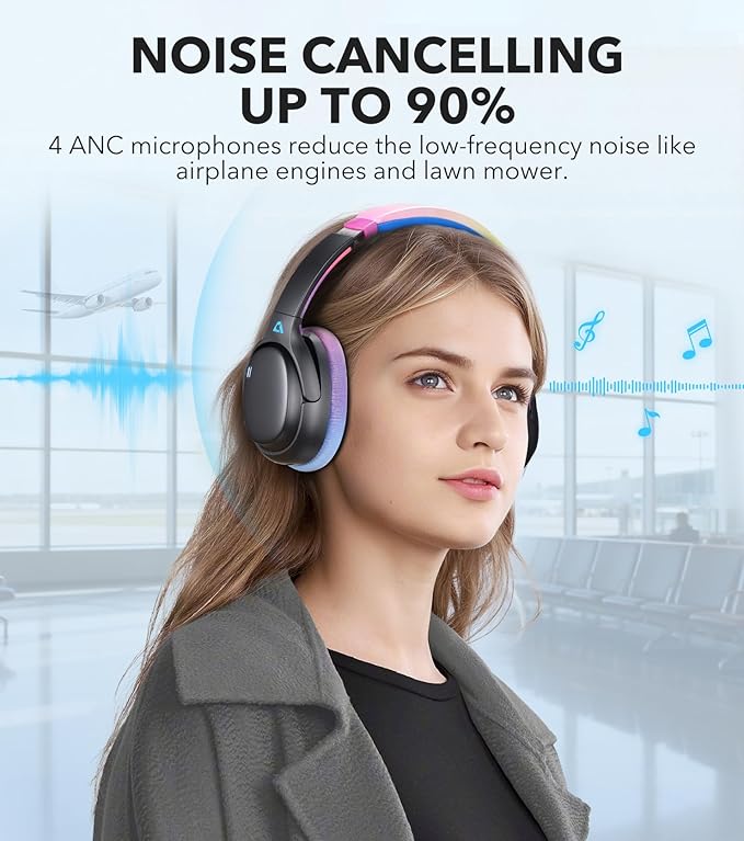 1Mii E700 Wireless Bluetooth Over Ear Headphones with Active Noise Canceling, Hi-Res Audio LDAC/aptX Low Latency for Airplane Travel Overhead Comfort, 54H Playtime, Custom EQ via App - Colorful