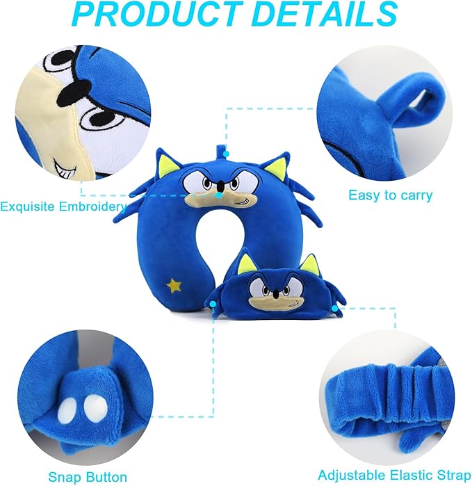 Superhero Travel Pillow for Kids & Adults with Sleep Eye Mask, Memory Foam U-Shaped Neck Pillow with Washable Cover, Soft Head Support Travel Accessories for Airplane Car Train Bus Recline, Royal Blue