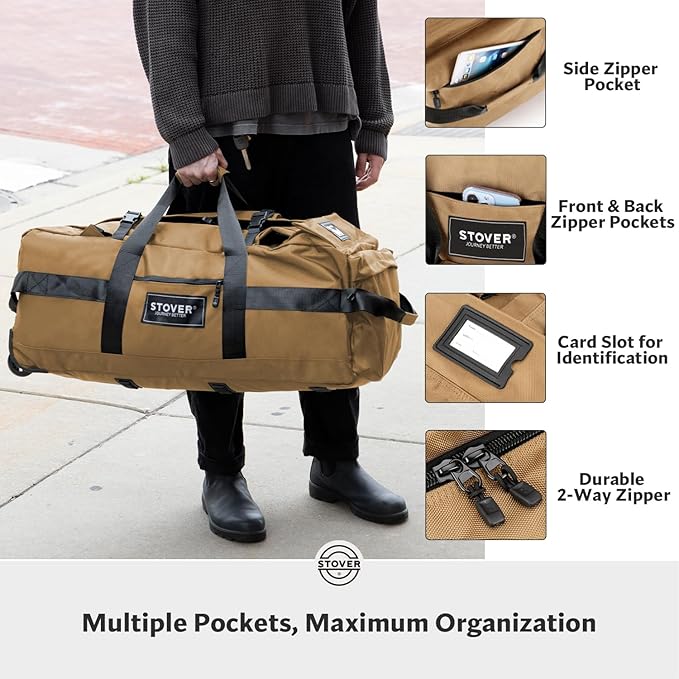 STOVER 80L Rolling Duffel Bag with Wheels, Large Durable Travel Duffle + Toiletry Bag, Heavy Duty, Packable, Foldable with Shoulder Straps- Use as Luggage or Backpack, Men/Women (Tan)