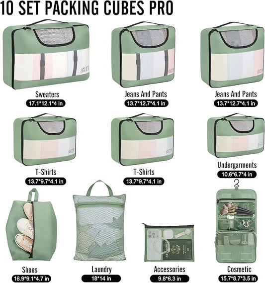 Veken 10 Set Packing Cubes for Travel Essential, Suitcase Organizer Bags in 4 Sizes, Carry-On Luggage Accessories with Large Laundry & Hanging Toiletry Bag, Must-Have for Airplane, Road Trip & Camping