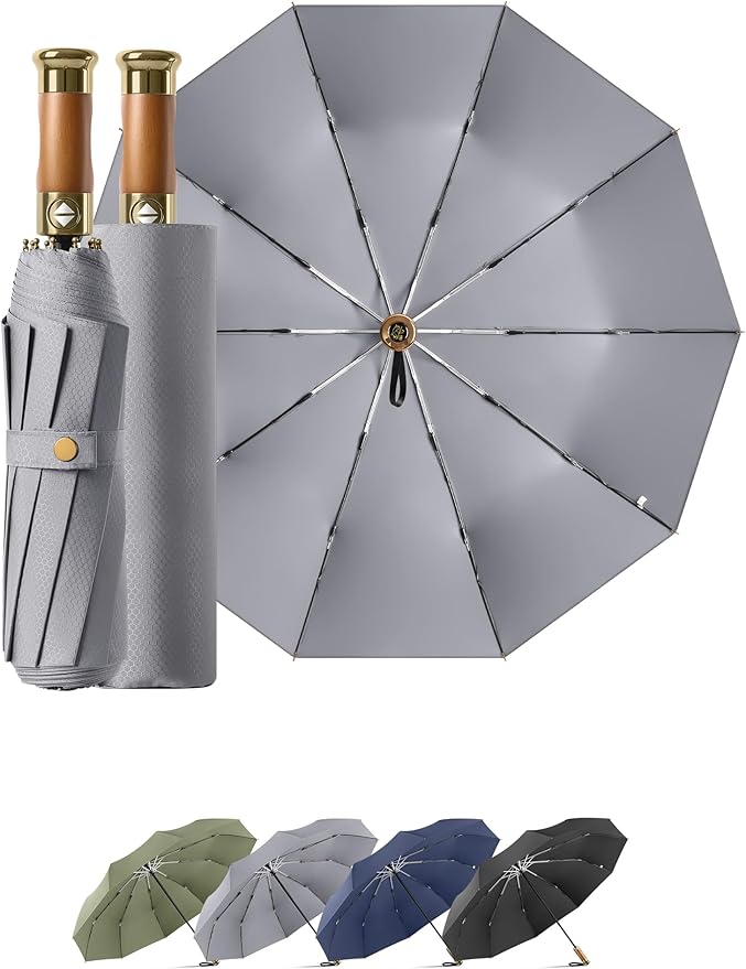 Rain Cats Large Umbrella 45 Inch diameter Umbrellas for rain Strong10 Ribs Fiberglass Windproof big Compact Automatic portable Folding Travel/Thick Fabric/Wood handle