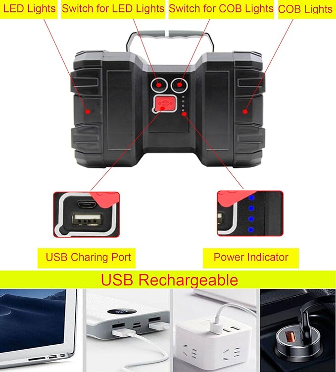 Rechargeable LED Searchlight Flashlight, LED Spotlight Big Power Capacity 13000LM 20h Ultra-Long Standby 7 Lights Modes Camping Work Light, Waterproof for Home, Outdoor (45 LEDs)