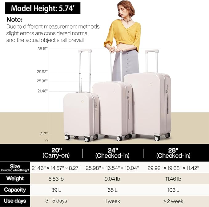 mixi Luggage Suitcase with Spinner Wheels, Hardside Rolling Suitcase PC with Cover & TSA Lock Lightweight Travel Case 26in Checked in, Off White（Slight Pink）