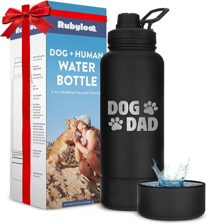 Dog Dad Water Bottle – 32 oz Stainless Steel Double Wall Insulated with 8 oz Detachable Bowl on Bottom – Cool Dog Dad Gifts for Men for Christmas, Birthdays or Gift from The Doggy – DD Black