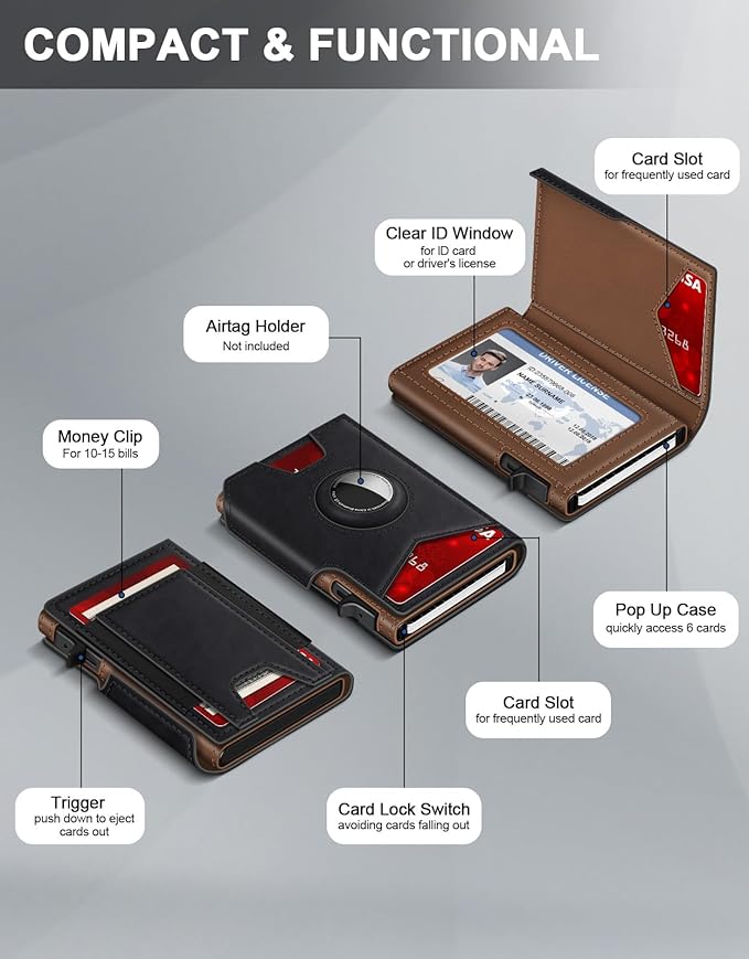 Airtag Wallet for Men, Minimalist Slim Mens Wallet Smart Pop Up Credit Card Holder for 9-13 Cards, RFID Blocking Wallet with ID Window & Cash Slot, Compact Bifold Metal Aluminum Card Case