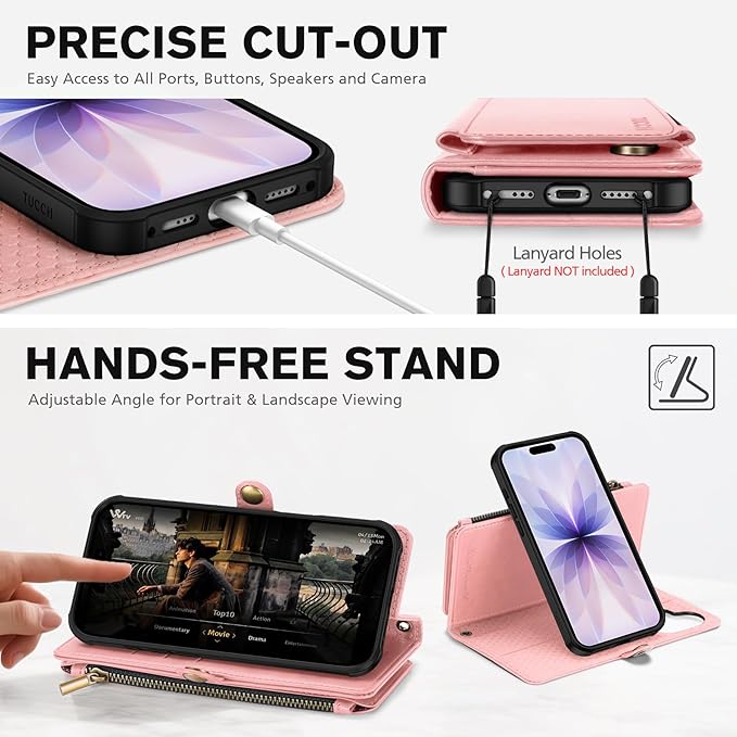 TUCCH Detachable Crossbody Wallet Case for iPhone 17 6.3", 9 Card Slots RFID Blocking | Stand | Lanyard | Wrist Strap | Wireless Charging | Zipper Pocket | PU Leather | Magnetic Flip Cover | Rose Gold