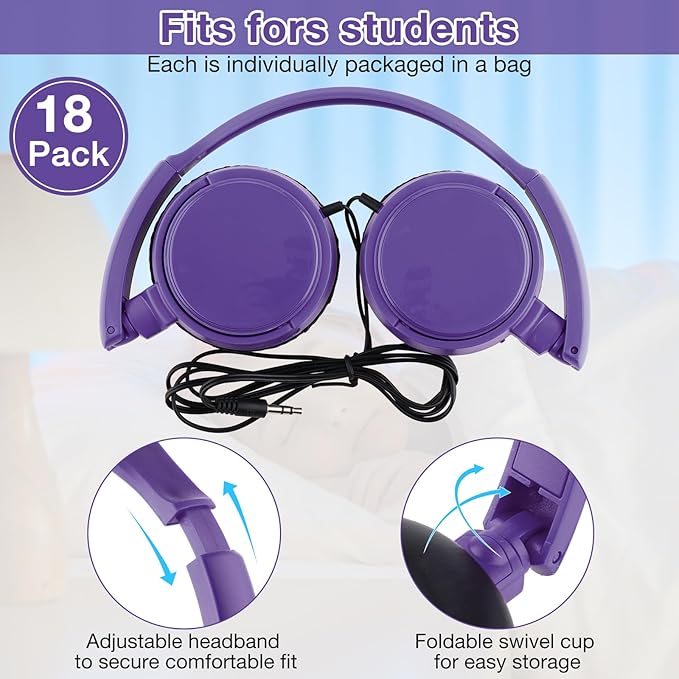 Yunsailing 18 Pack Classroom Headphones Bulk Student Wired Class Headphones Set for School with Individually Wrapped Adjustable Over Ear Head Earbuds (Purple)