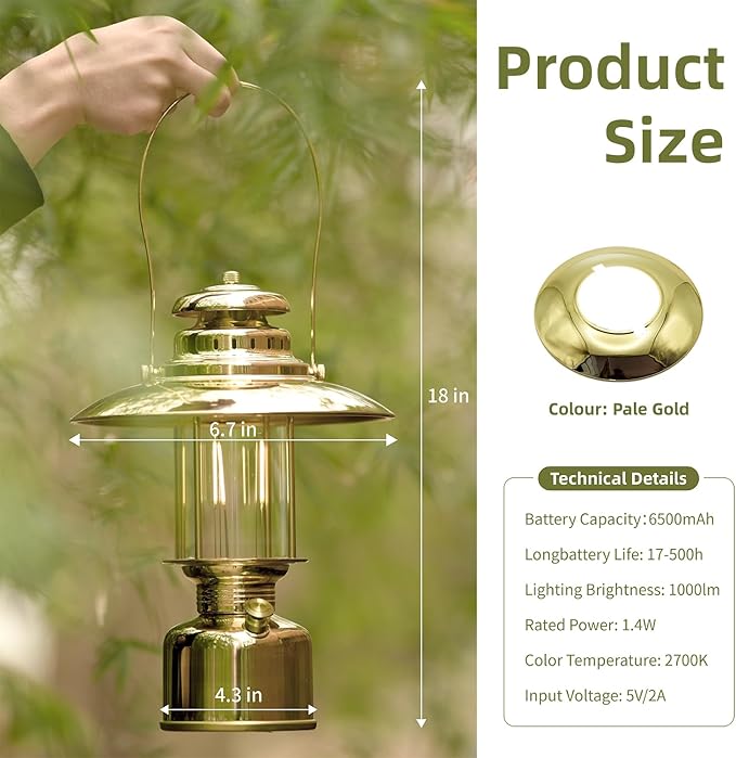 Large 18” Metal RetroLED Camping Lantern, 6500mAh Rechargeable Battery Last 17-500 Hours Camping Lamp, Classic Dimmable Hanging Lantern, Vintage Camping Light for Courtyard Outdoor Decoration