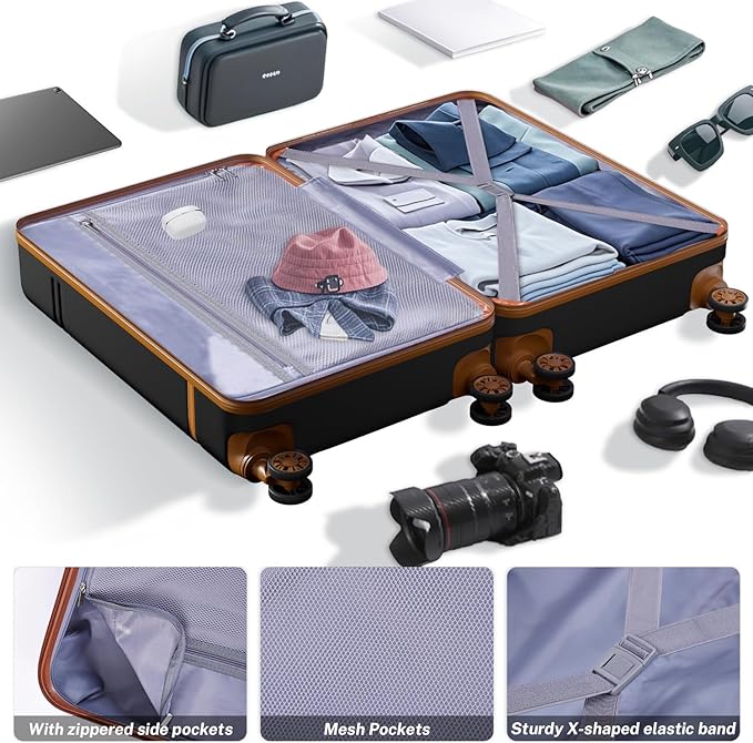 Krute Checked Luggage 24 inch Suitcases with Wheels TSA Approved PC+ABS Lightweight Hard Side Suitcase (BlackBrown)