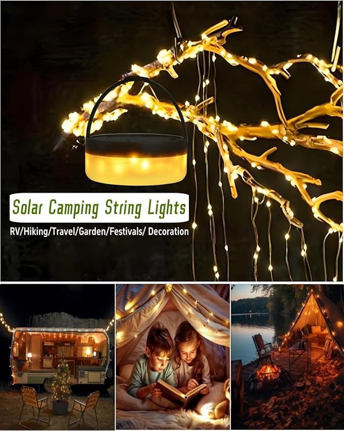 Solar Camping String Lights, 39.4 FT Fairy String Light, 4 in 1 Portable Waterproof Camp Lamp with 8 Lighting Modes, Hanging Rechargeable Tent Lantern for Christmas Decorations Patio Party Essentials