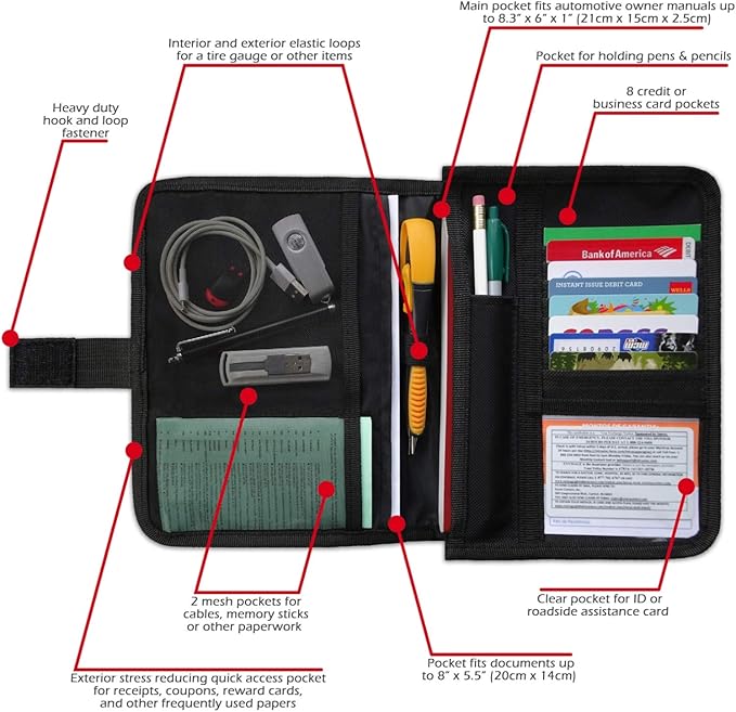 Glove Box Compartment Organizer - Car Document Holder - Owner Manual Case Pouch - Vehicle Storage Wallet for Registration & Insurance Card - Premium Auto Paperwork Holder - Log Book included - Black