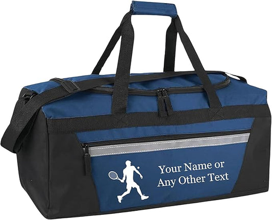 Personalized Sports Duffel Bags for Men and Women - 22” Customized Travel Duffle with Name & Tennis Design - Water Resistant Two-Toned Overnight Weekender Bag - Navy