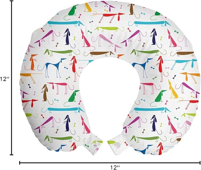 Ambesonne Dog Lover Travel Pillow Neck Rest, Dachshund Cartoon Doodles with Various Stances Pointing Smelling Running Standing, Memory Foam Traveling Accessory for Airplane and Car, 12", Green Red